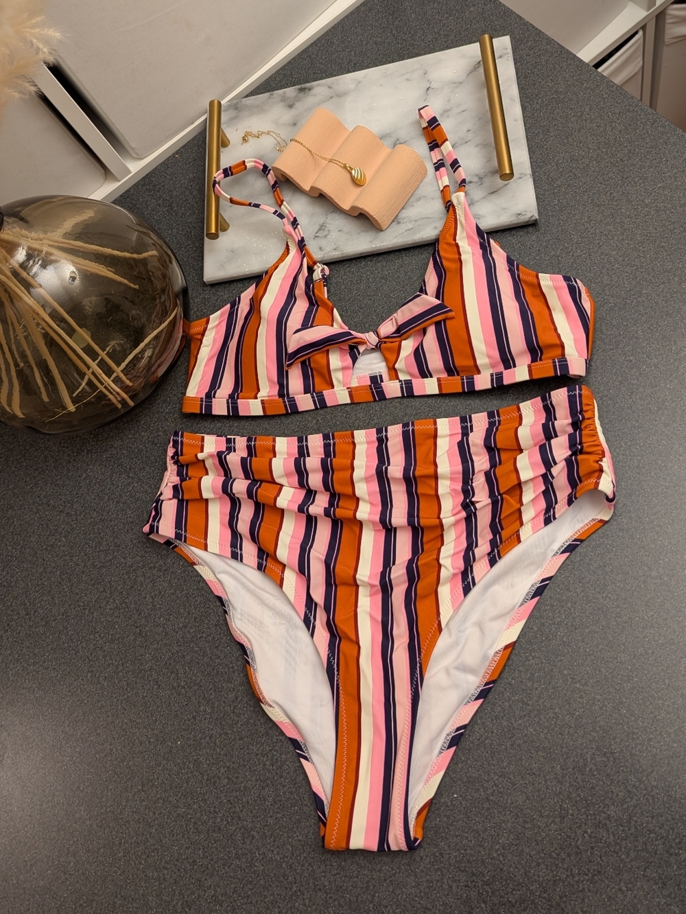 $5/each with Bundle 🔥 Cupshe Pink Orange Navy Striped High-Waist Bikini M